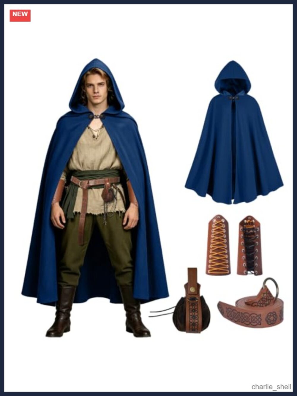 Unisex Medieval Hooded Cloak Renaissance Cape with Belts Waist Bag Arm Guards